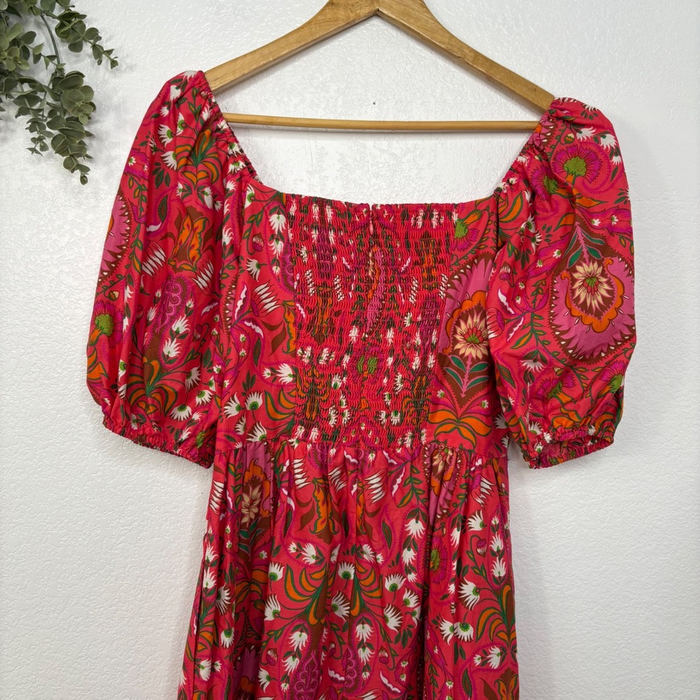 Vince Camuto Pink Floral Paisley Puff Sleeve Midi Dress Cotton Sz8 Side Pockets - Picture 6 of 11